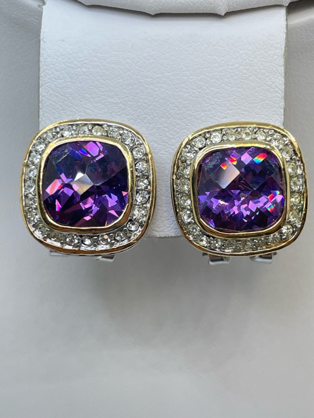 Vintage Purple Crystal Halo Cable Earrings Gold Silver Leverback Statement